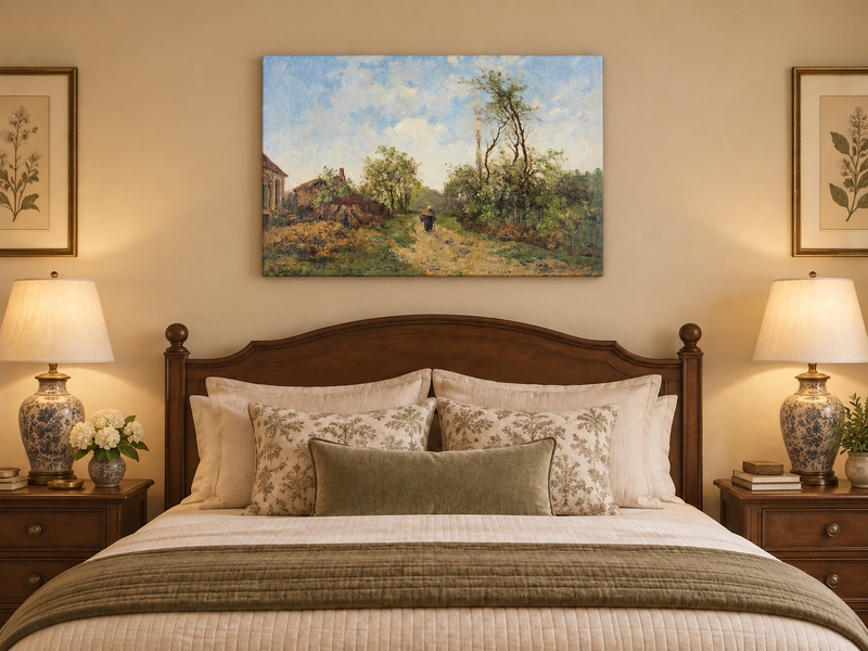Hand-painted Rustic Country Path with Spring Trees landscape oil painting displayed as wall art in a styled interior
