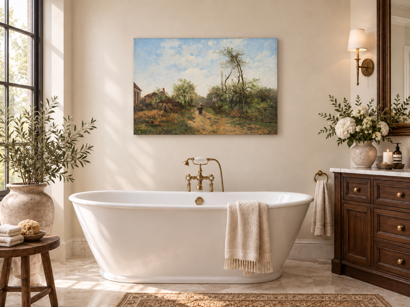 Hand-painted Rustic Country Path with Spring Trees landscape oil painting displayed as wall art in a styled interior