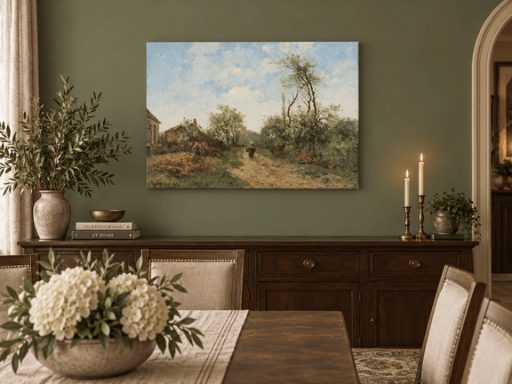 Hand-painted Rustic Country Path with Spring Trees landscape oil painting displayed as wall art in a styled interior