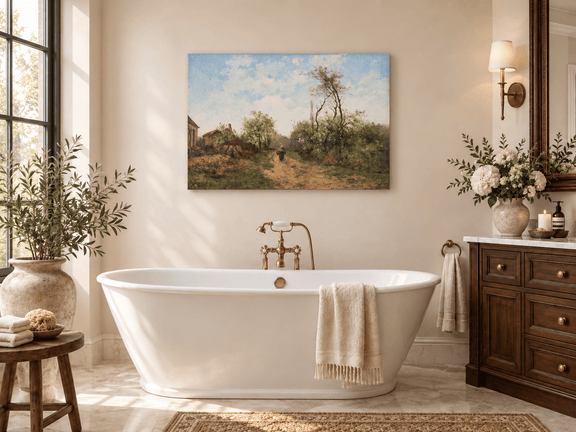 Hand-painted Rustic Country Path with Spring Trees landscape oil painting displayed as wall art in a styled interior