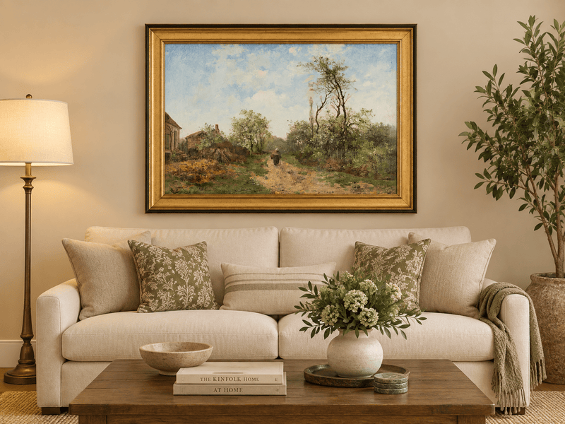 Hand-painted Rustic Country Path with Spring Trees landscape oil painting displayed as wall art in a styled interior