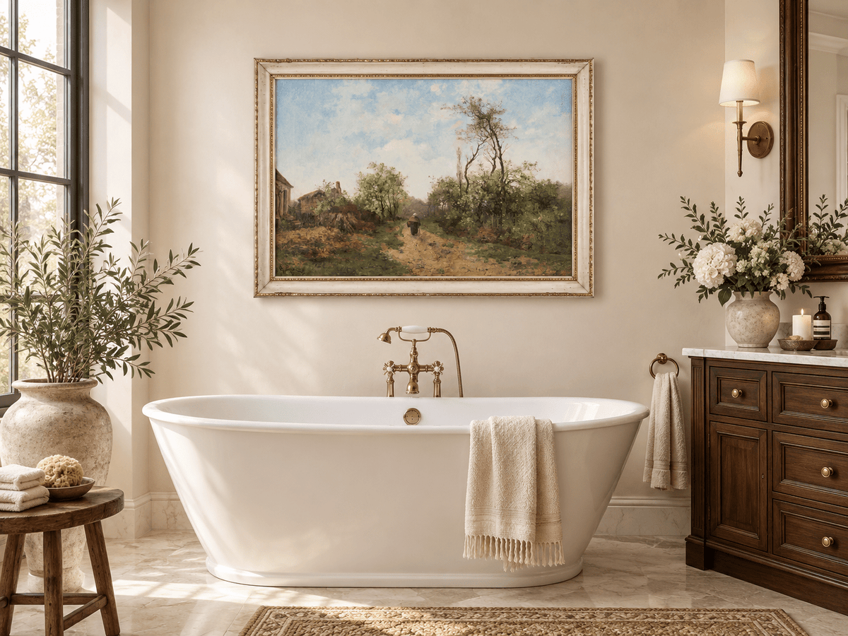 Hand-painted Rustic Country Path with Spring Trees landscape oil painting displayed as wall art in a styled interior
