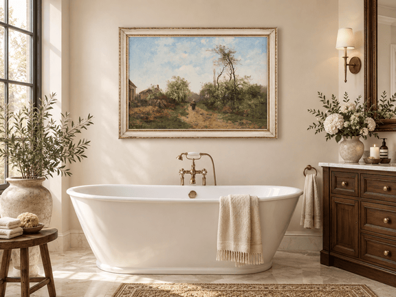 Hand-painted Rustic Country Path with Spring Trees landscape oil painting displayed as wall art in a styled interior