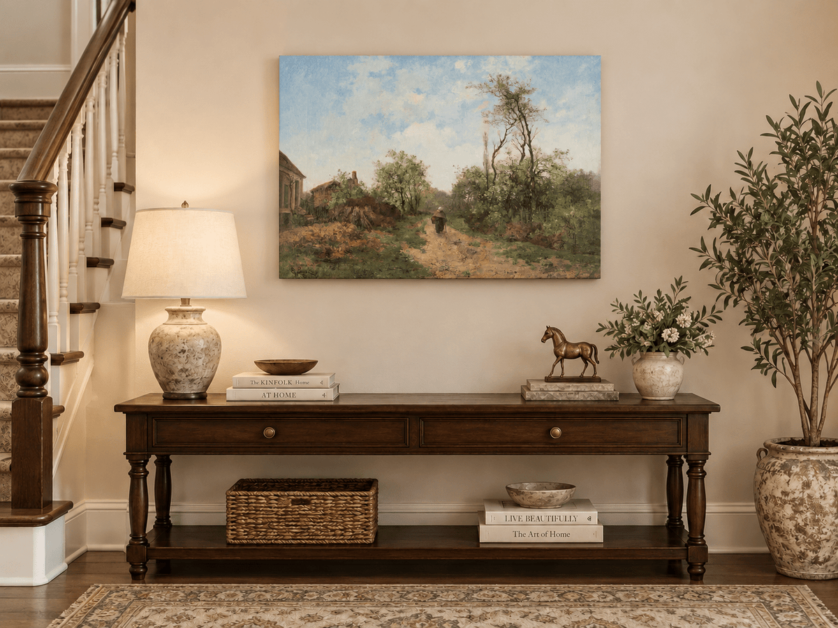 Hand-painted Rustic Country Path with Spring Trees landscape oil painting displayed as wall art in a styled interior