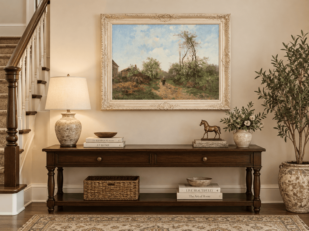 Hand-painted Rustic Country Path with Spring Trees landscape oil painting displayed as wall art in a styled interior