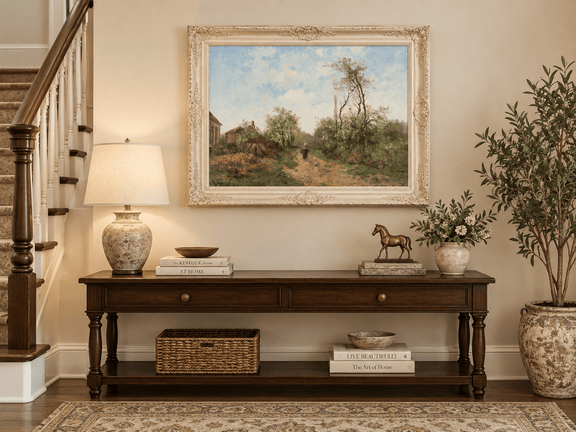 Hand-painted Rustic Country Path with Spring Trees landscape oil painting displayed as wall art in a styled interior