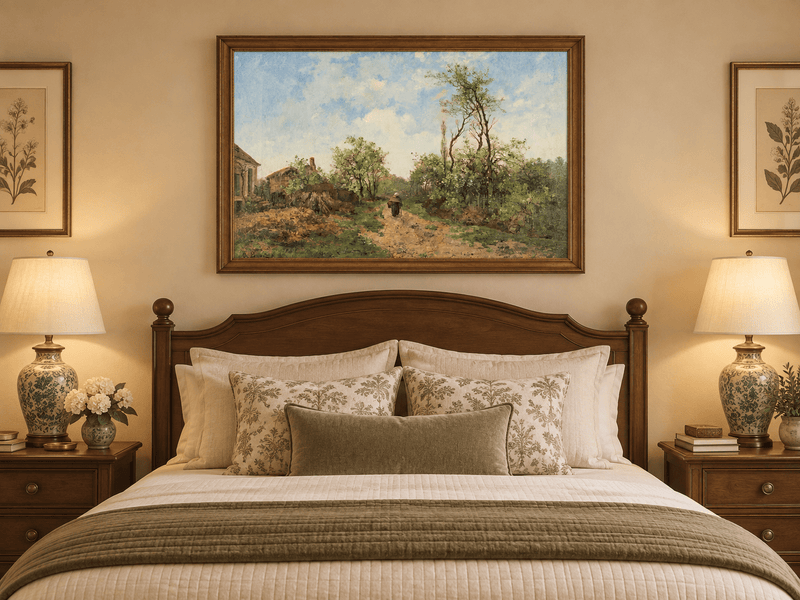 Hand-painted Rustic Country Path with Spring Trees landscape oil painting displayed as wall art in a styled interior