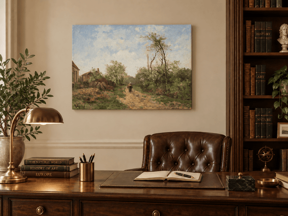 Hand-painted Rustic Country Path with Spring Trees landscape oil painting displayed as wall art in a styled interior