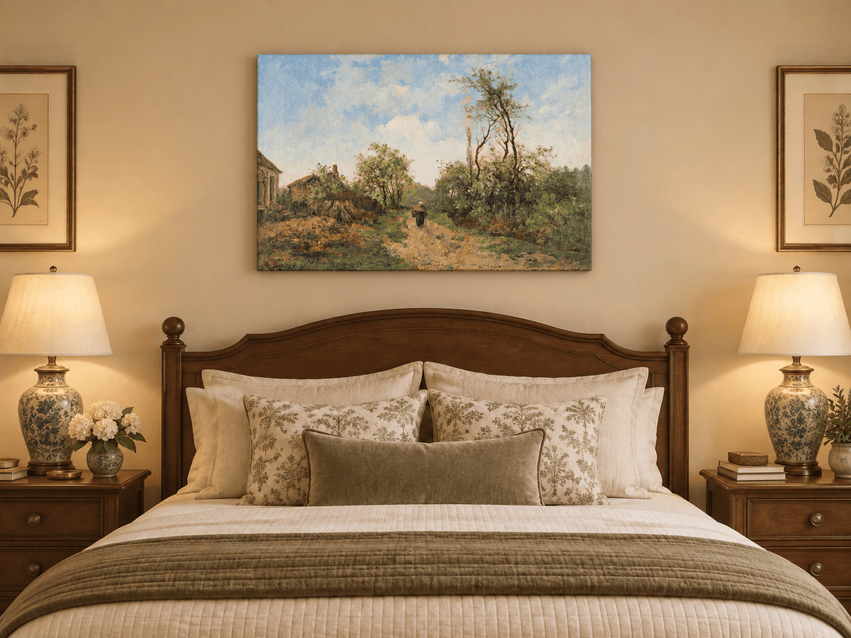 Hand-painted Rustic Country Path with Spring Trees landscape oil painting displayed as wall art in a styled interior
