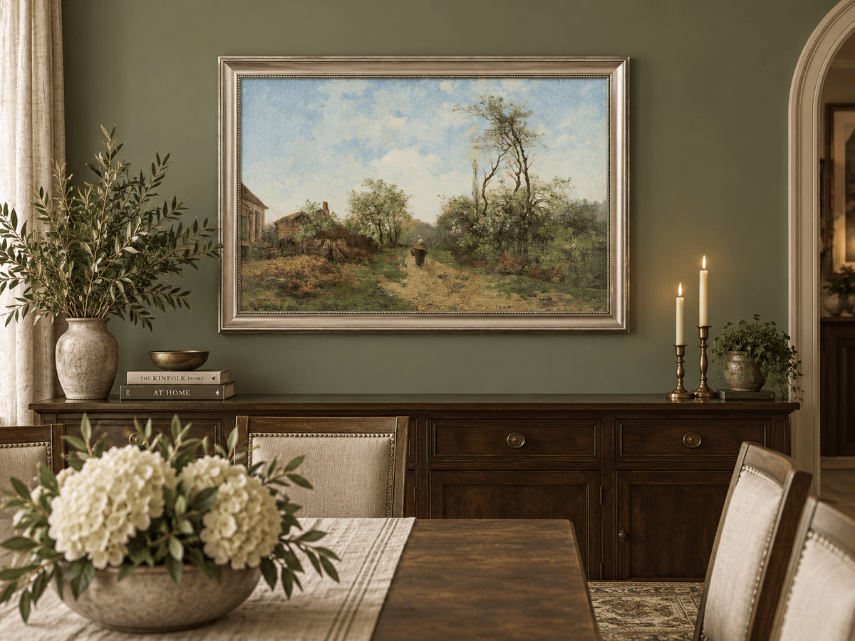 Hand-painted Rustic Country Path with Spring Trees landscape oil painting displayed as wall art in a styled interior