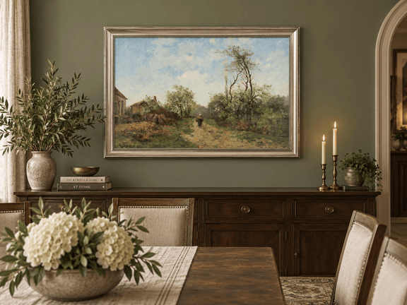 Hand-painted Rustic Country Path with Spring Trees landscape oil painting displayed as wall art in a styled interior