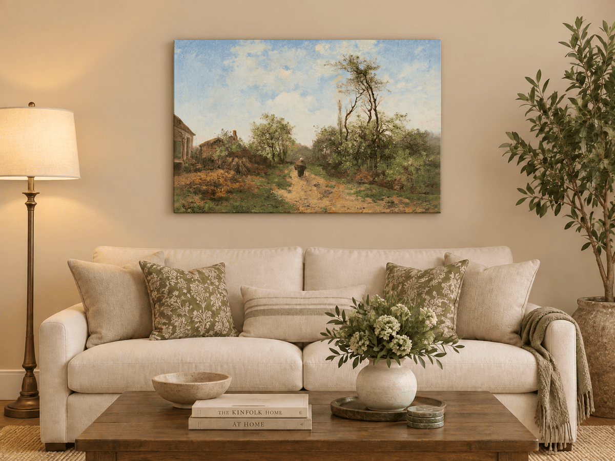 Hand-painted Rustic Country Path with Spring Trees landscape oil painting displayed as wall art in a styled interior