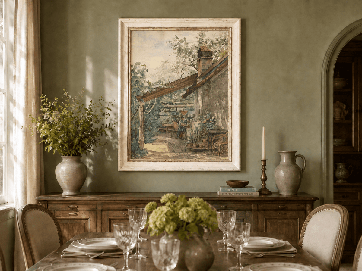 Landscape Oil Painting - Rustic Courtyard Garden Potted Flowers