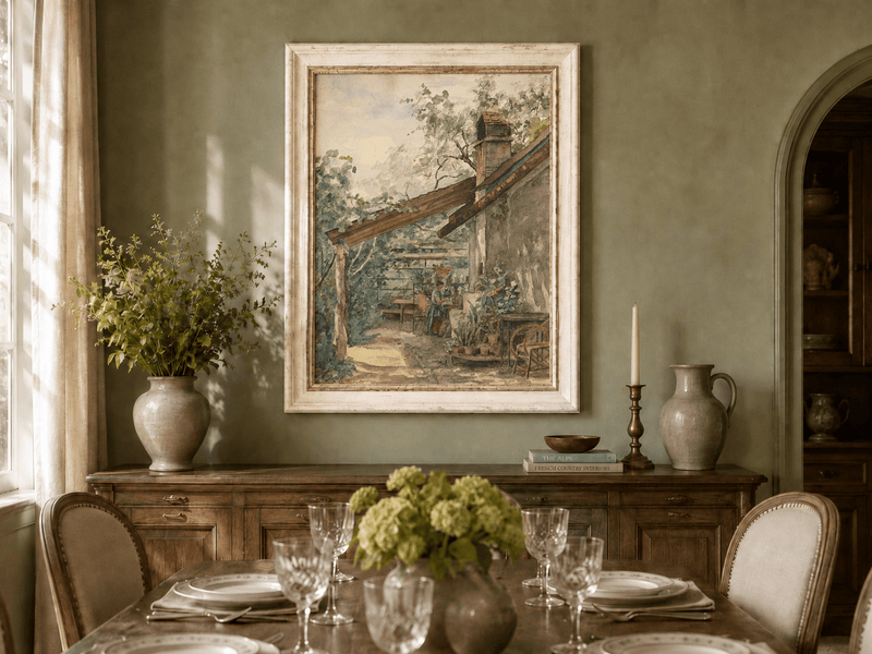 Landscape Oil Painting - Rustic Courtyard Garden Potted Flowers