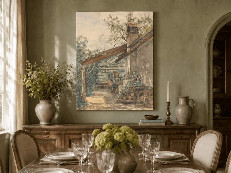 Landscape Oil Painting - Rustic Courtyard Garden Potted Flowers