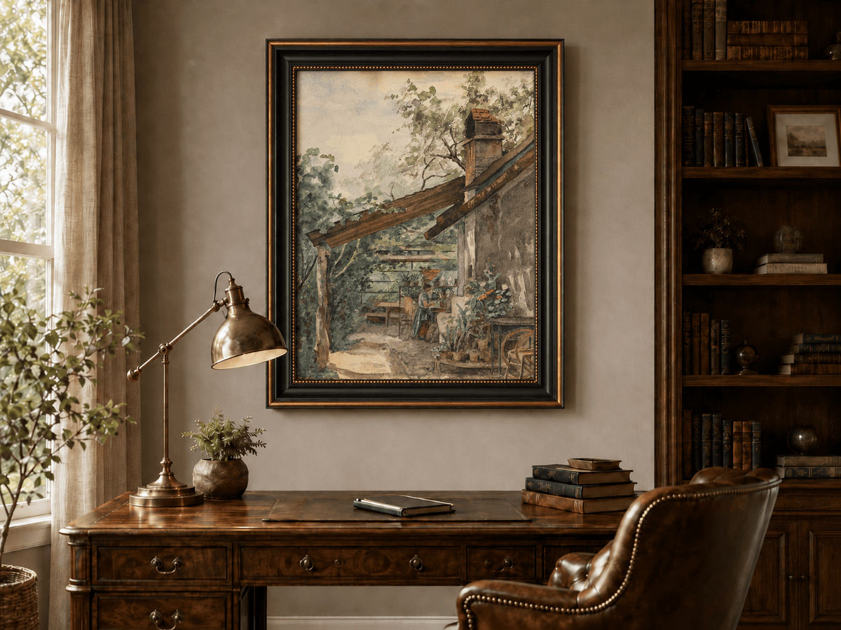 Landscape Oil Painting - Rustic Courtyard Garden Potted Flowers