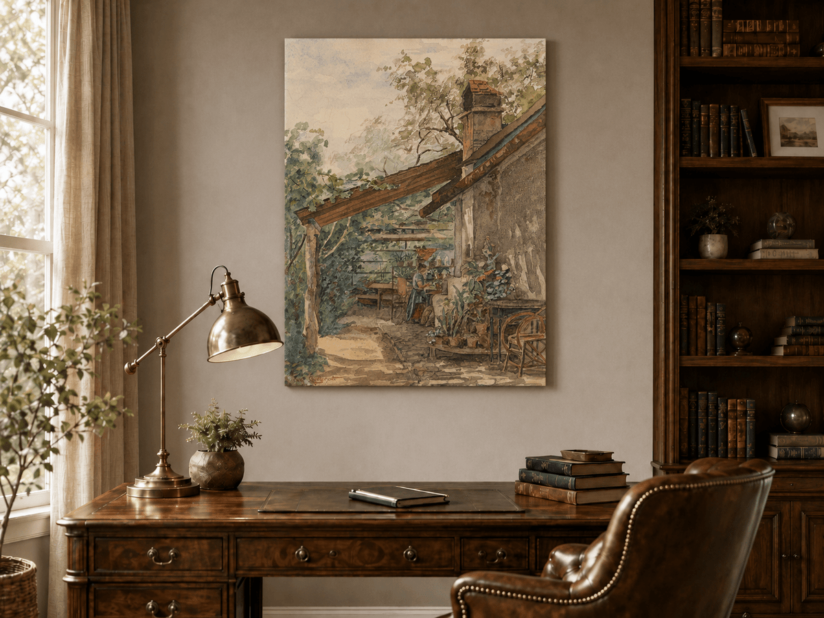Landscape Oil Painting - Rustic Courtyard Garden Potted Flowers