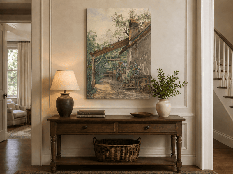 Landscape Oil Painting - Rustic Courtyard Garden Potted Flowers
