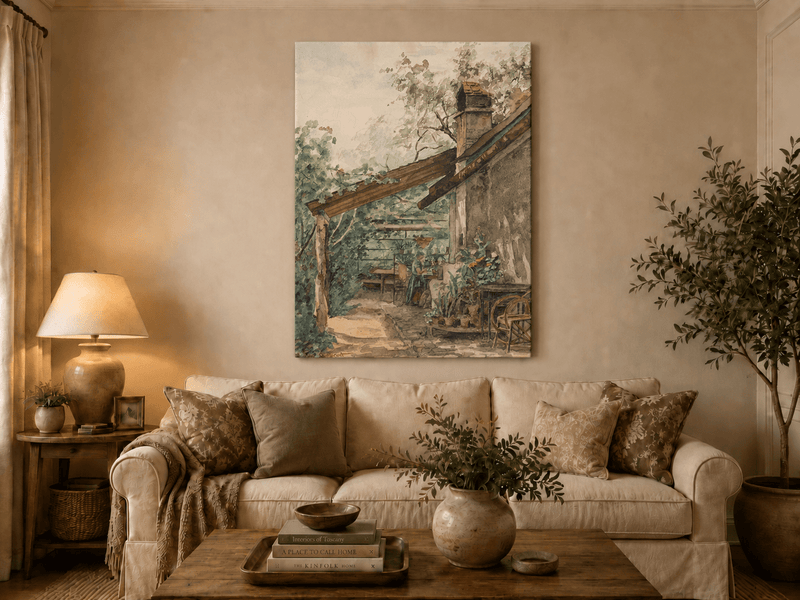 Landscape Oil Painting - Rustic Courtyard Garden Potted Flowers