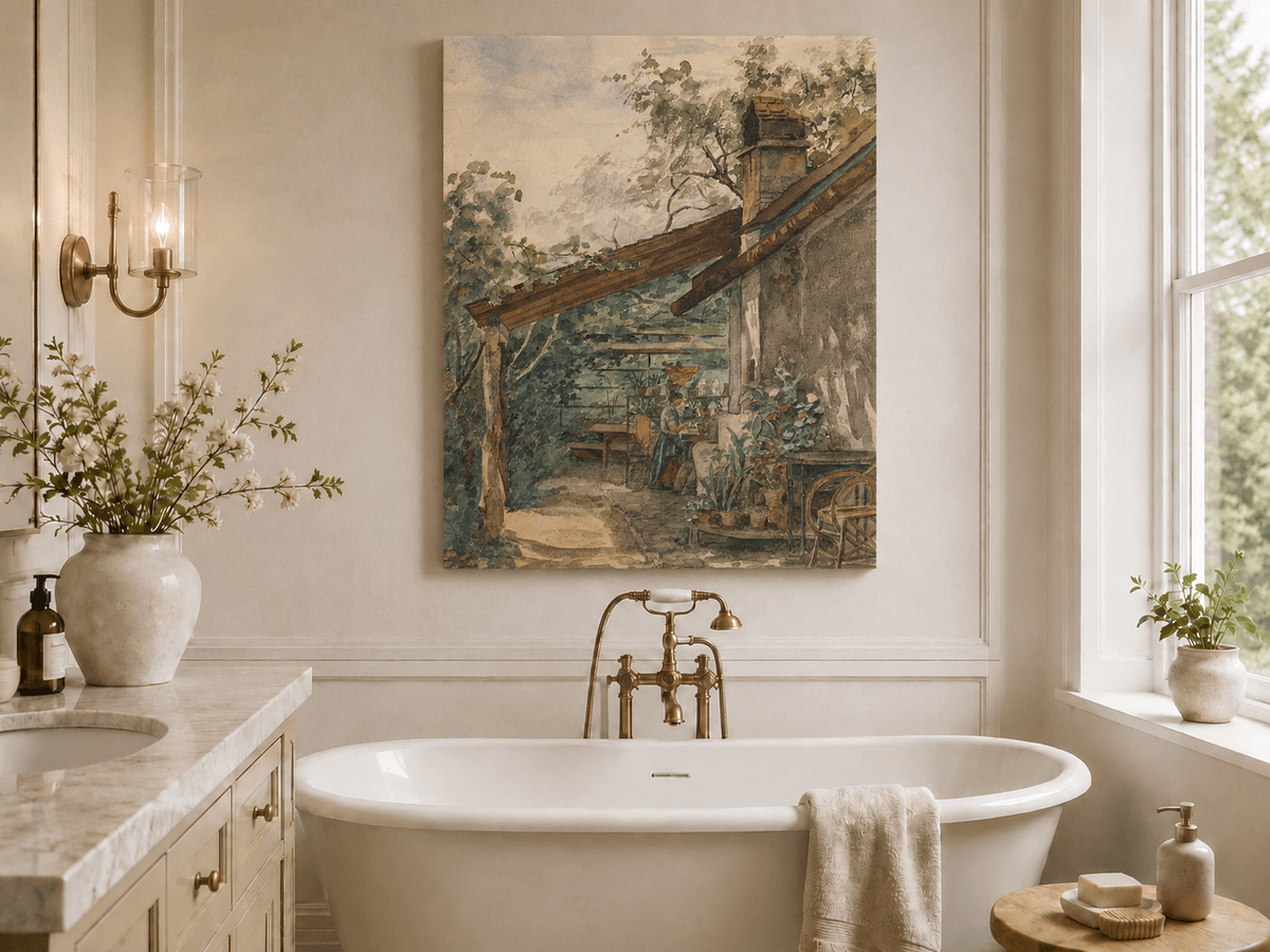 Landscape Oil Painting - Rustic Courtyard Garden Potted Flowers
