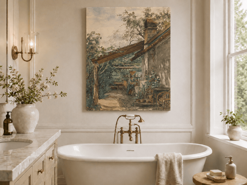 Landscape Oil Painting - Rustic Courtyard Garden Potted Flowers