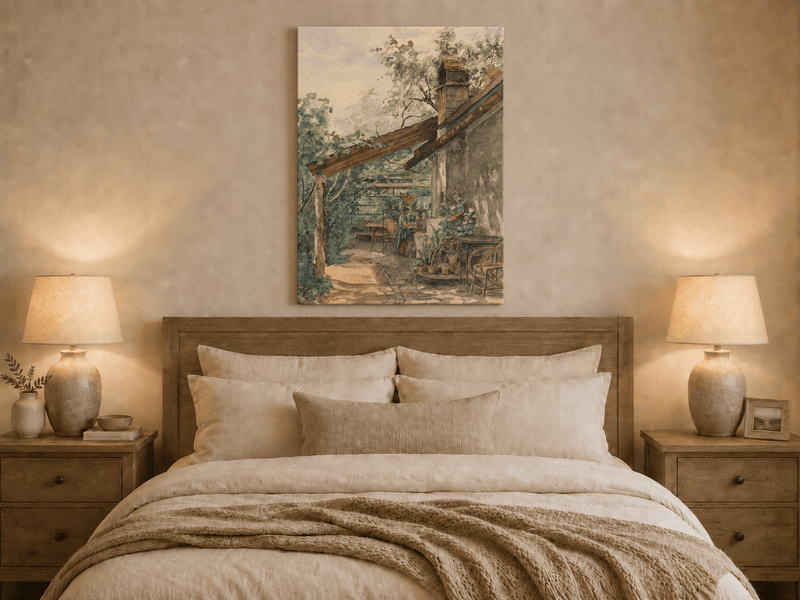 Landscape Oil Painting - Rustic Courtyard Garden Potted Flowers