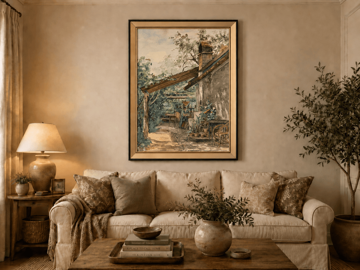 Landscape Oil Painting - Rustic Courtyard Garden Potted Flowers