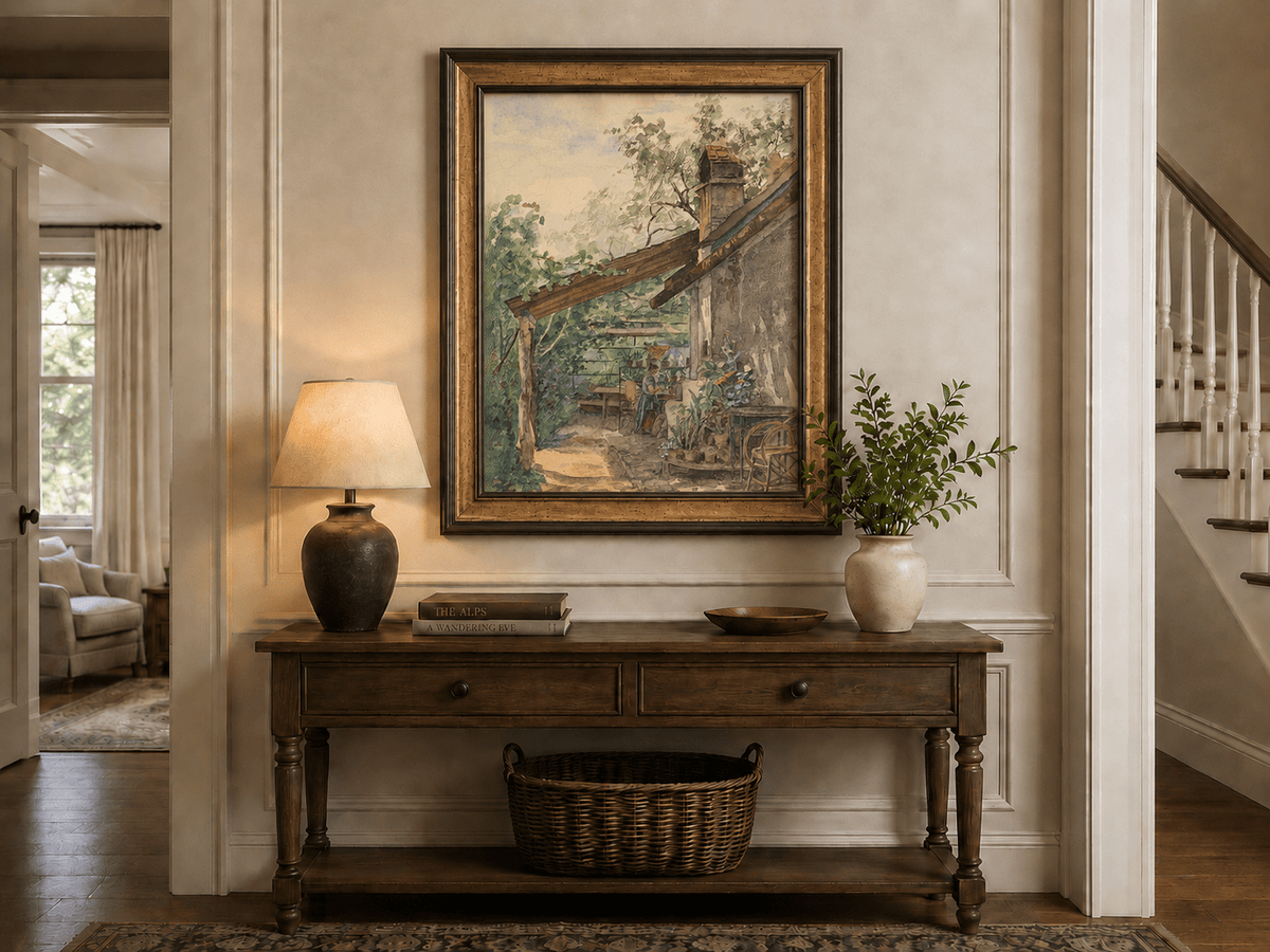 Landscape Oil Painting - Rustic Courtyard Garden Potted Flowers
