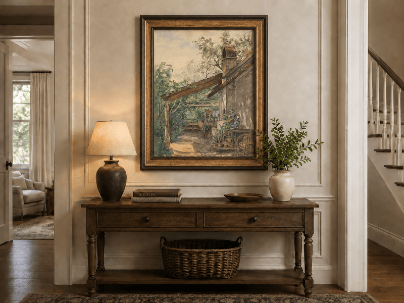 Landscape Oil Painting - Rustic Courtyard Garden Potted Flowers