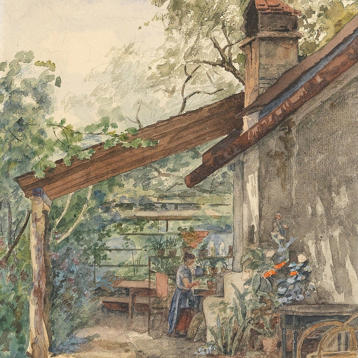 Hand-painted rustic courtyard garden with potted flowers landscape oil painting on canvas