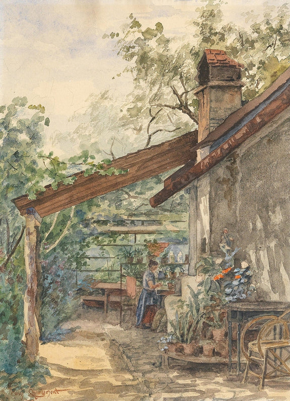 Hand-painted rustic courtyard garden with potted flowers landscape oil painting on canvas
