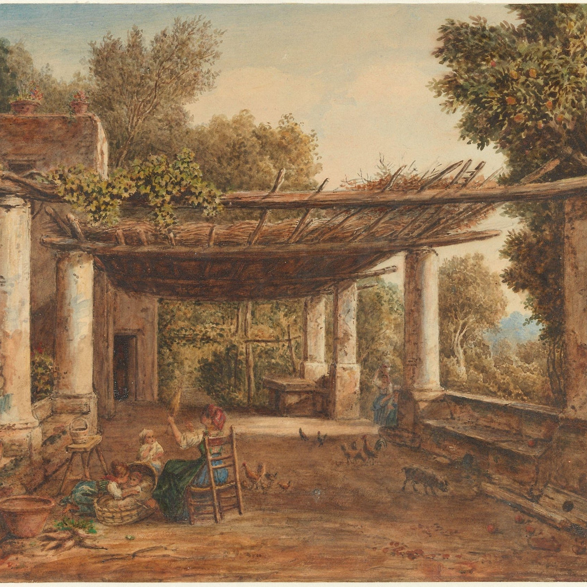 Hand-painted rustic courtyard with pergola and figures landscape oil painting on canvas