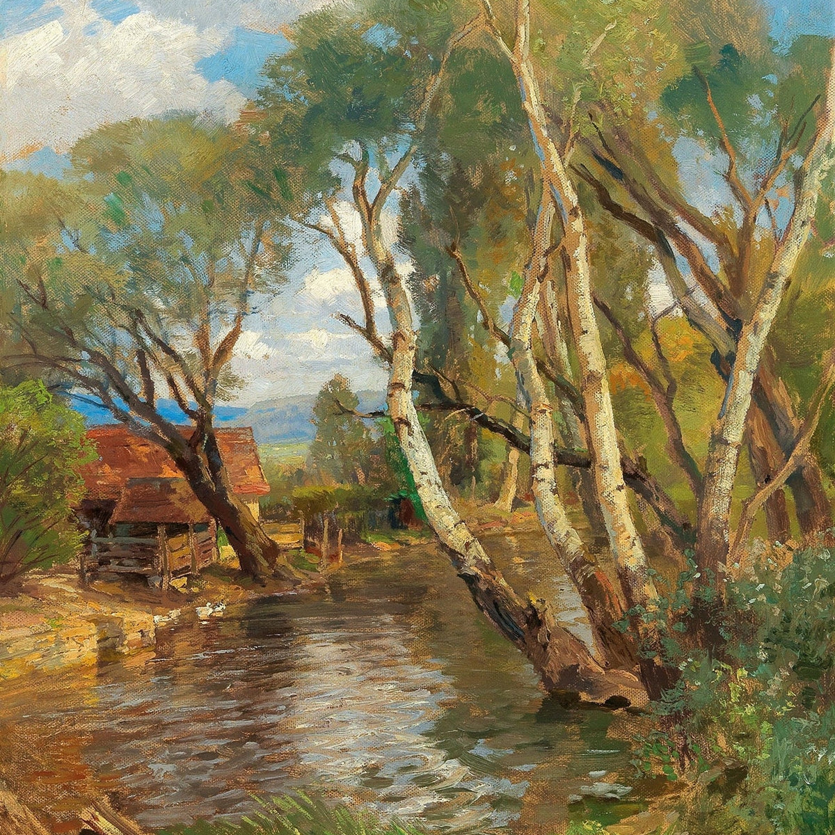 Hand-painted rustic creek and birch cottage view landscape oil painting on canvas