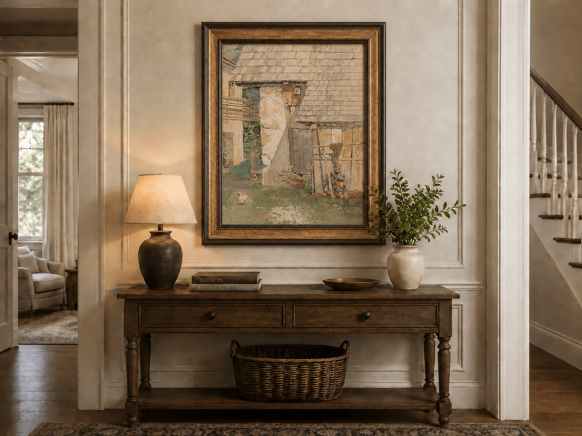 Landscape Oil Painting - Rustic Farm Courtyard with Seated Figure
