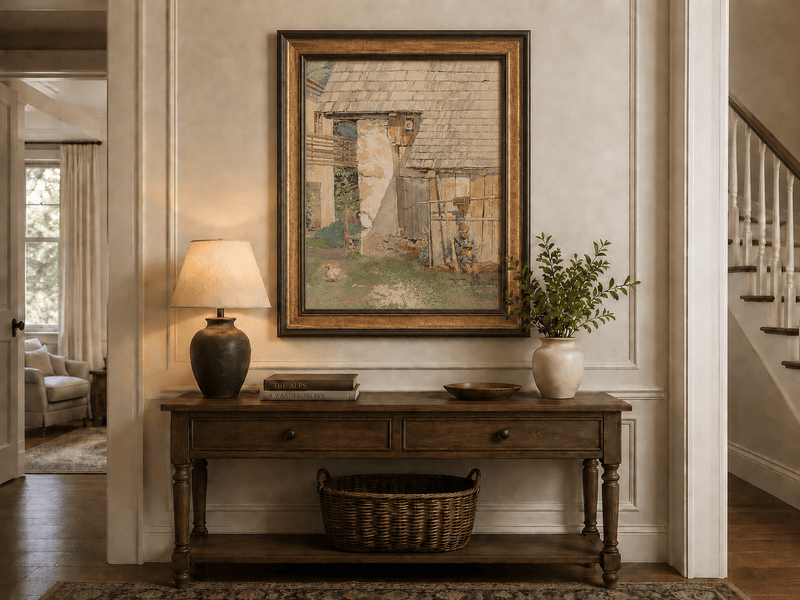 Landscape Oil Painting - Rustic Farm Courtyard with Seated Figure