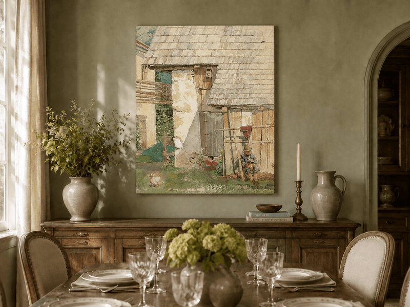 Landscape Oil Painting - Rustic Farm Courtyard with Seated Figure