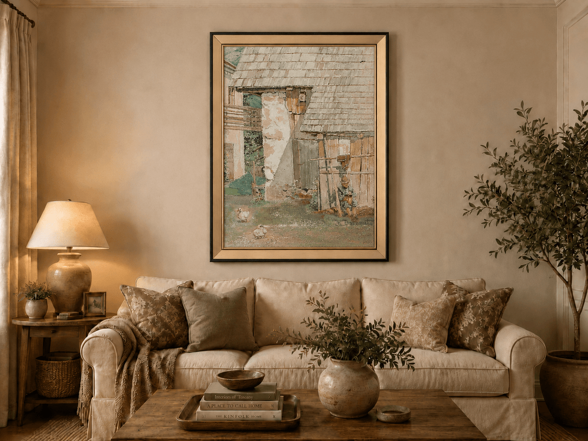 Landscape Oil Painting - Rustic Farm Courtyard with Seated Figure