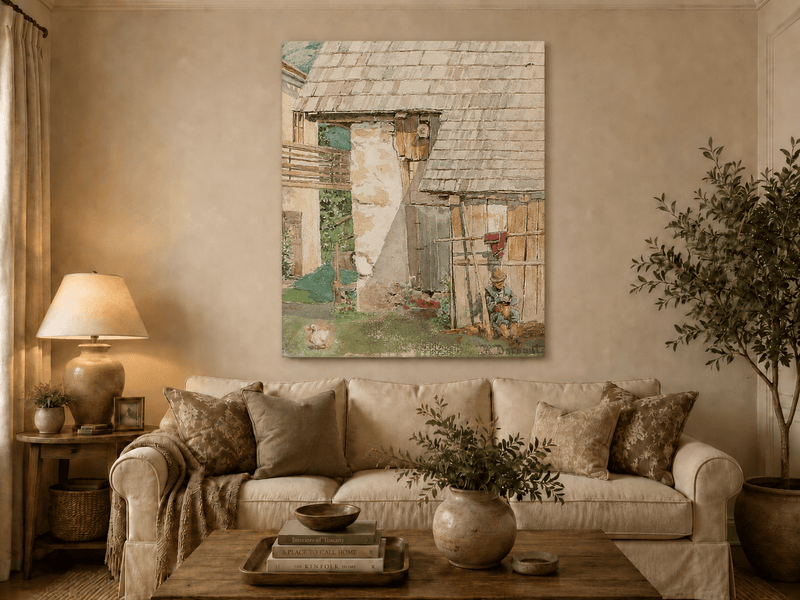 Landscape Oil Painting - Rustic Farm Courtyard with Seated Figure