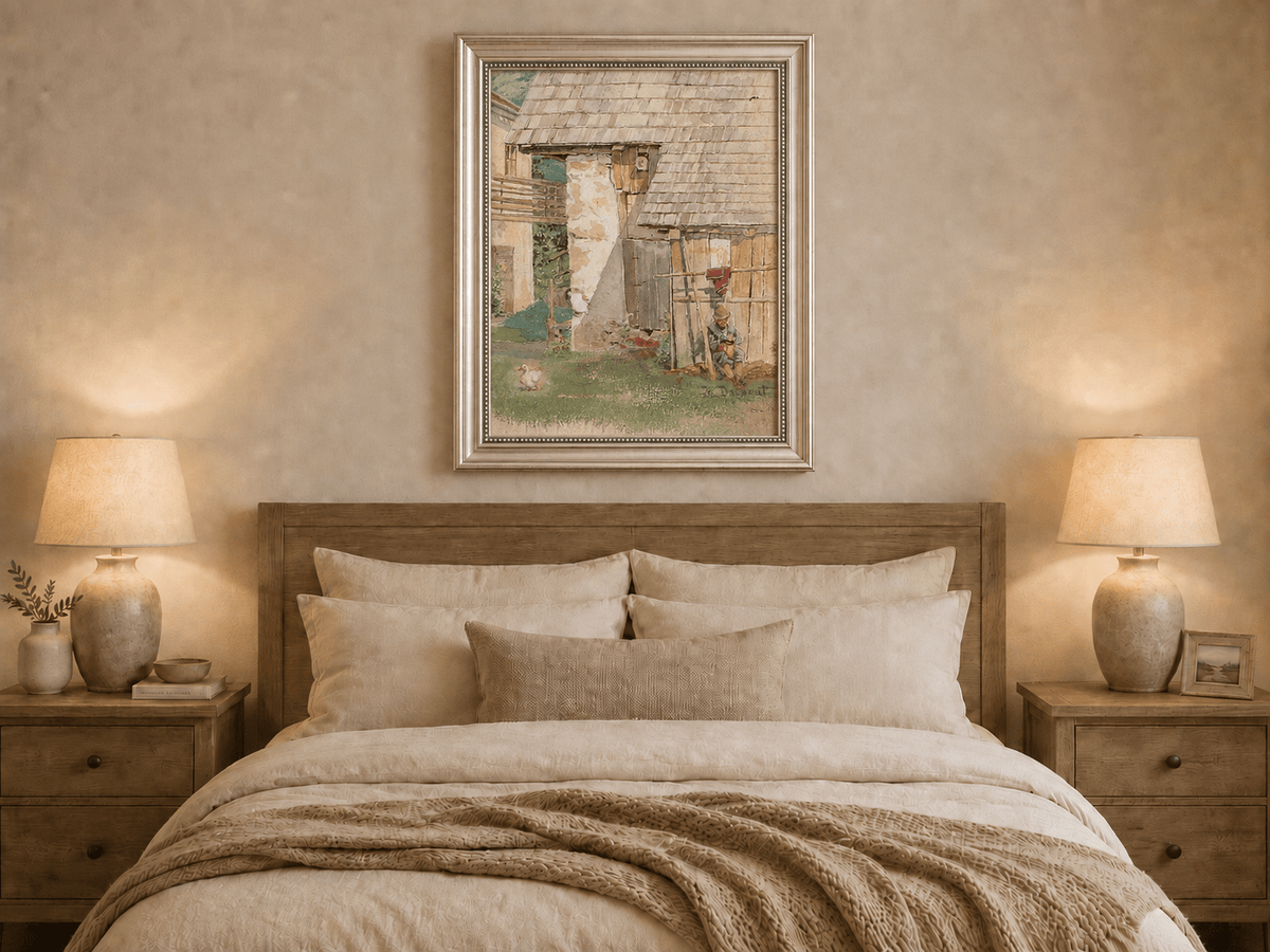 Landscape Oil Painting - Rustic Farm Courtyard with Seated Figure