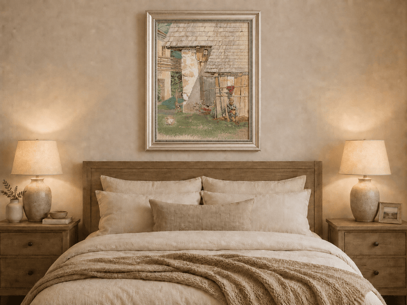 Landscape Oil Painting - Rustic Farm Courtyard with Seated Figure