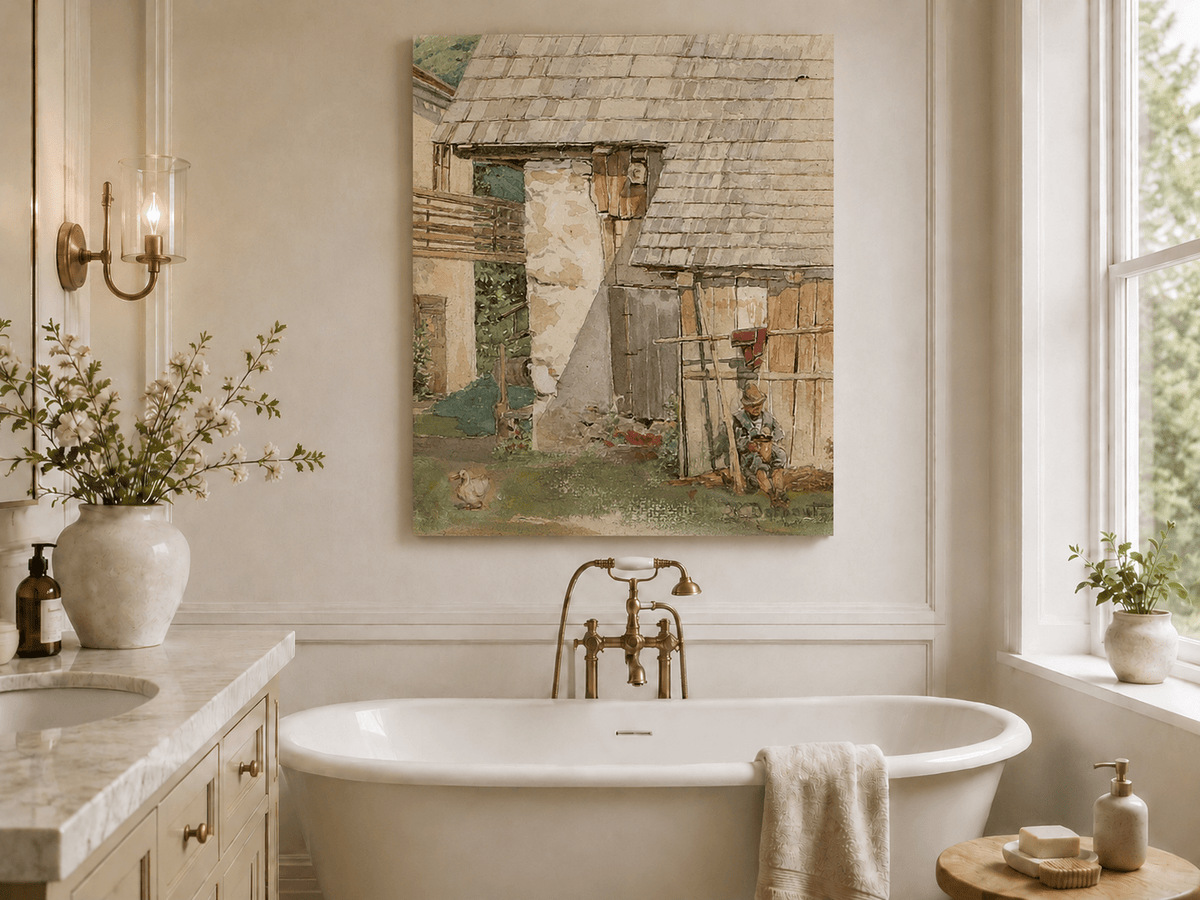 Landscape Oil Painting - Rustic Farm Courtyard with Seated Figure