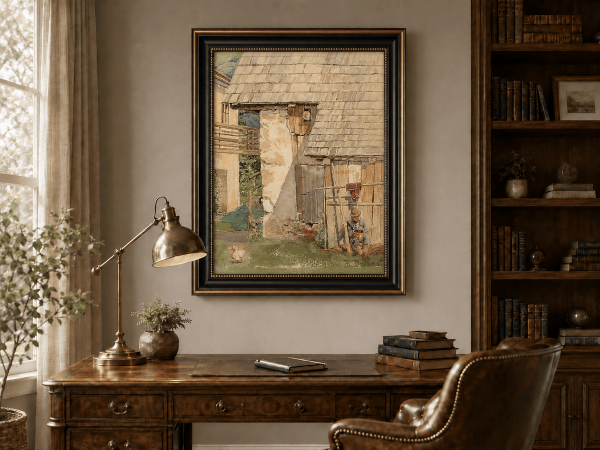 Landscape Oil Painting - Rustic Farm Courtyard with Seated Figure