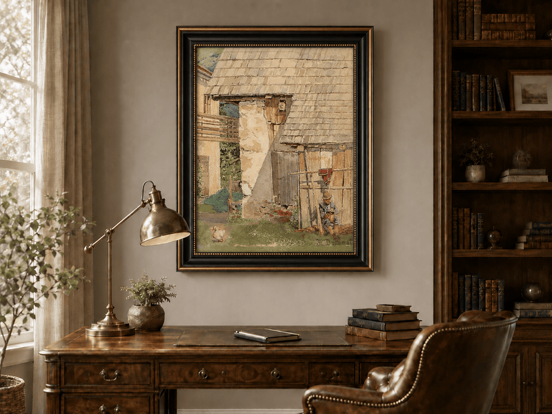 Landscape Oil Painting - Rustic Farm Courtyard with Seated Figure