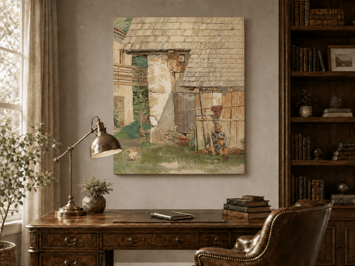 Landscape Oil Painting - Rustic Farm Courtyard with Seated Figure