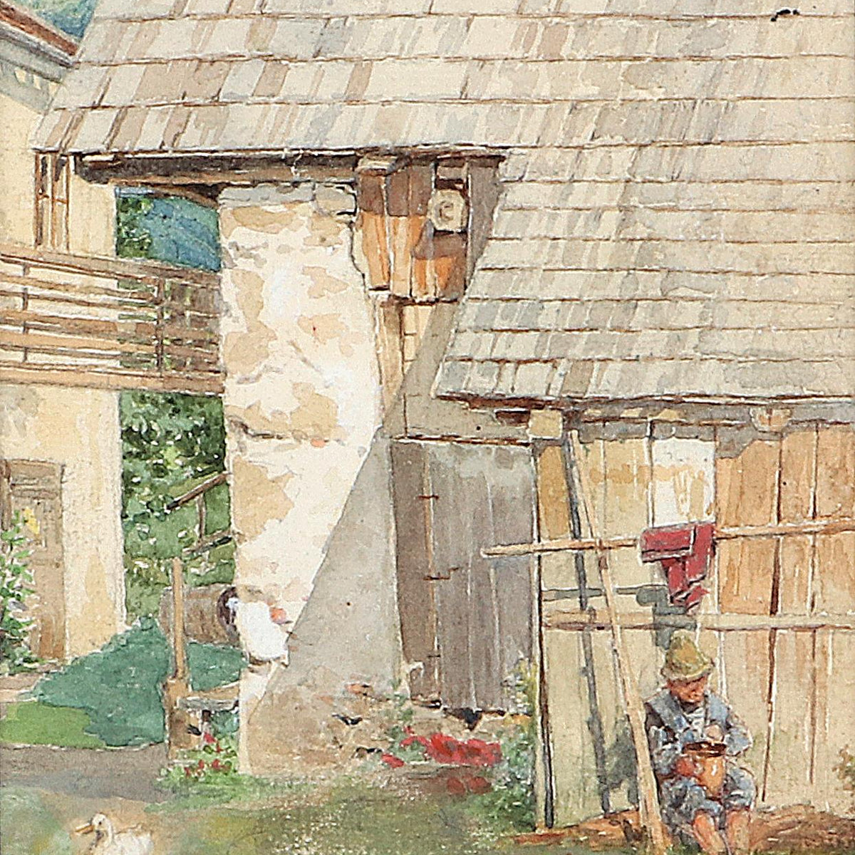 Landscape Oil Painting - Rustic Farm Courtyard with Seated Figure - Oil Painting Haven
