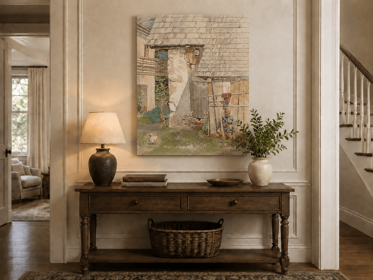 Landscape Oil Painting - Rustic Farm Courtyard with Seated Figure