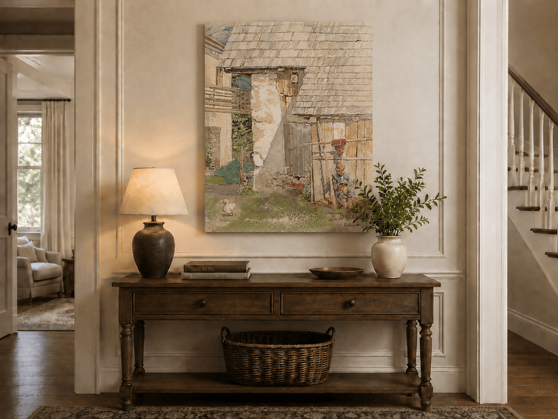 Landscape Oil Painting - Rustic Farm Courtyard with Seated Figure