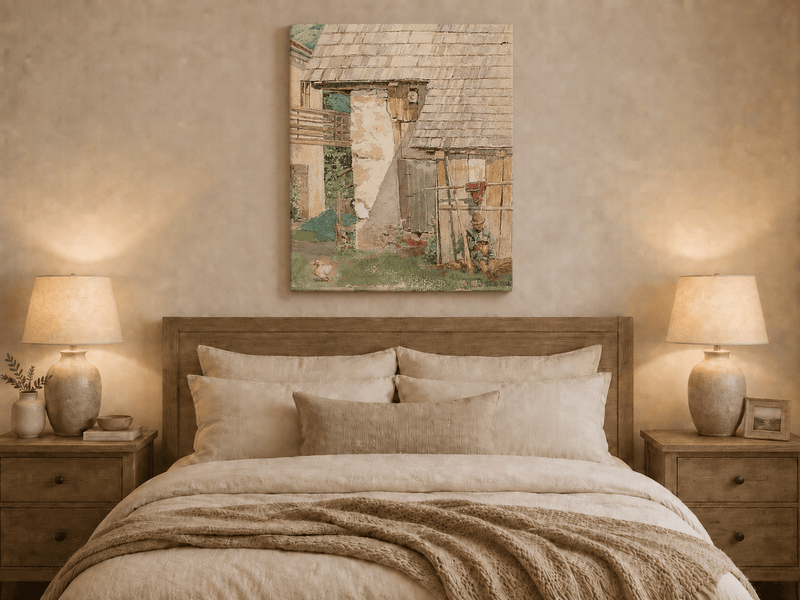 Landscape Oil Painting - Rustic Farm Courtyard with Seated Figure