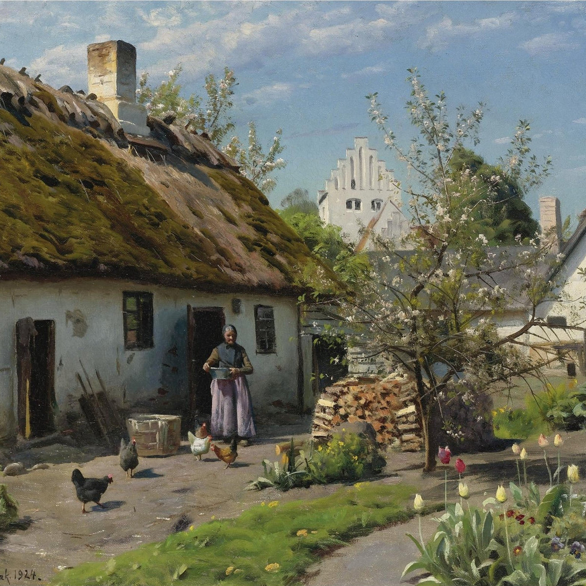 Hand-painted rustic farmhouse garden with chickens landscape oil painting on canvas