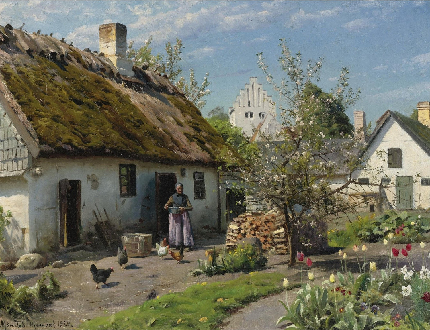 Hand-painted rustic farmhouse garden with chickens landscape oil painting on canvas